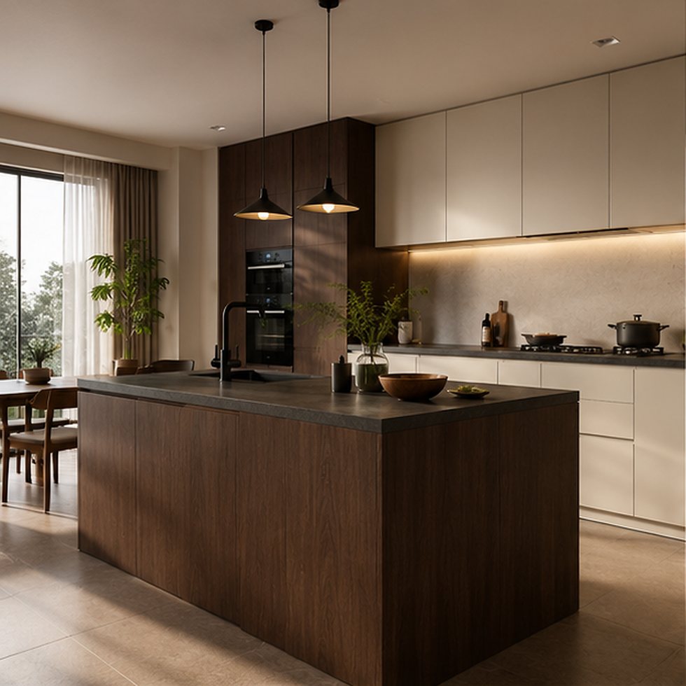 Custom Kitchen Cabinets with Dark Wood-Toned Island and Cream Appliance Wall