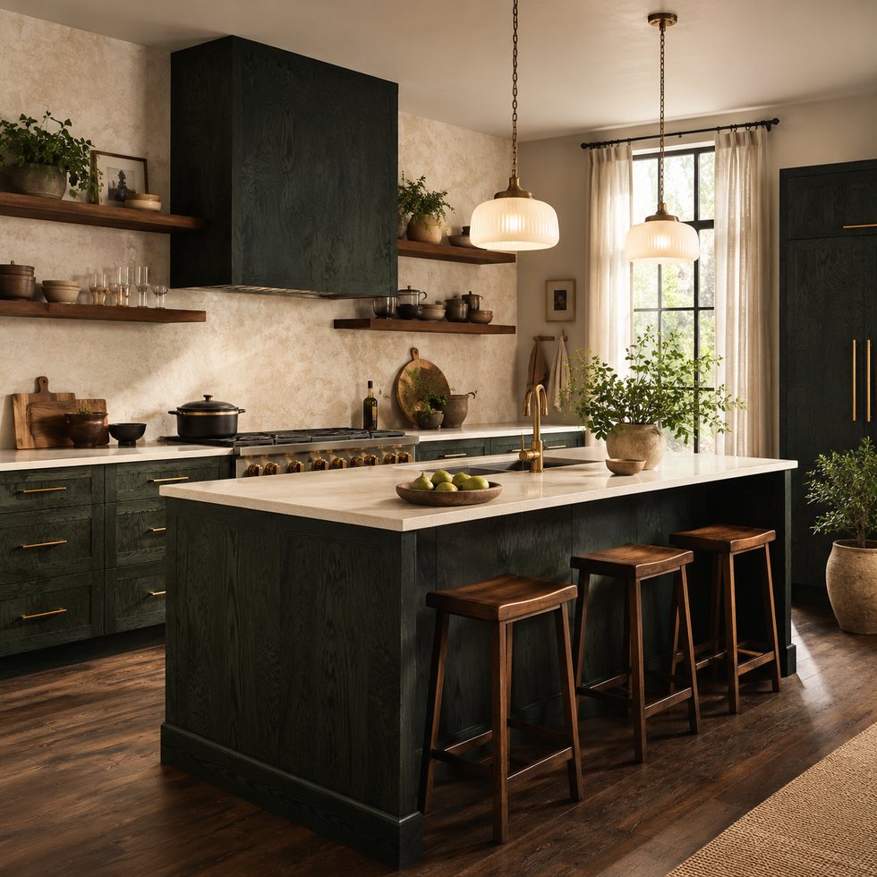 Custom Kitchen Cabinets with Deep Green Island and Pendant Bar