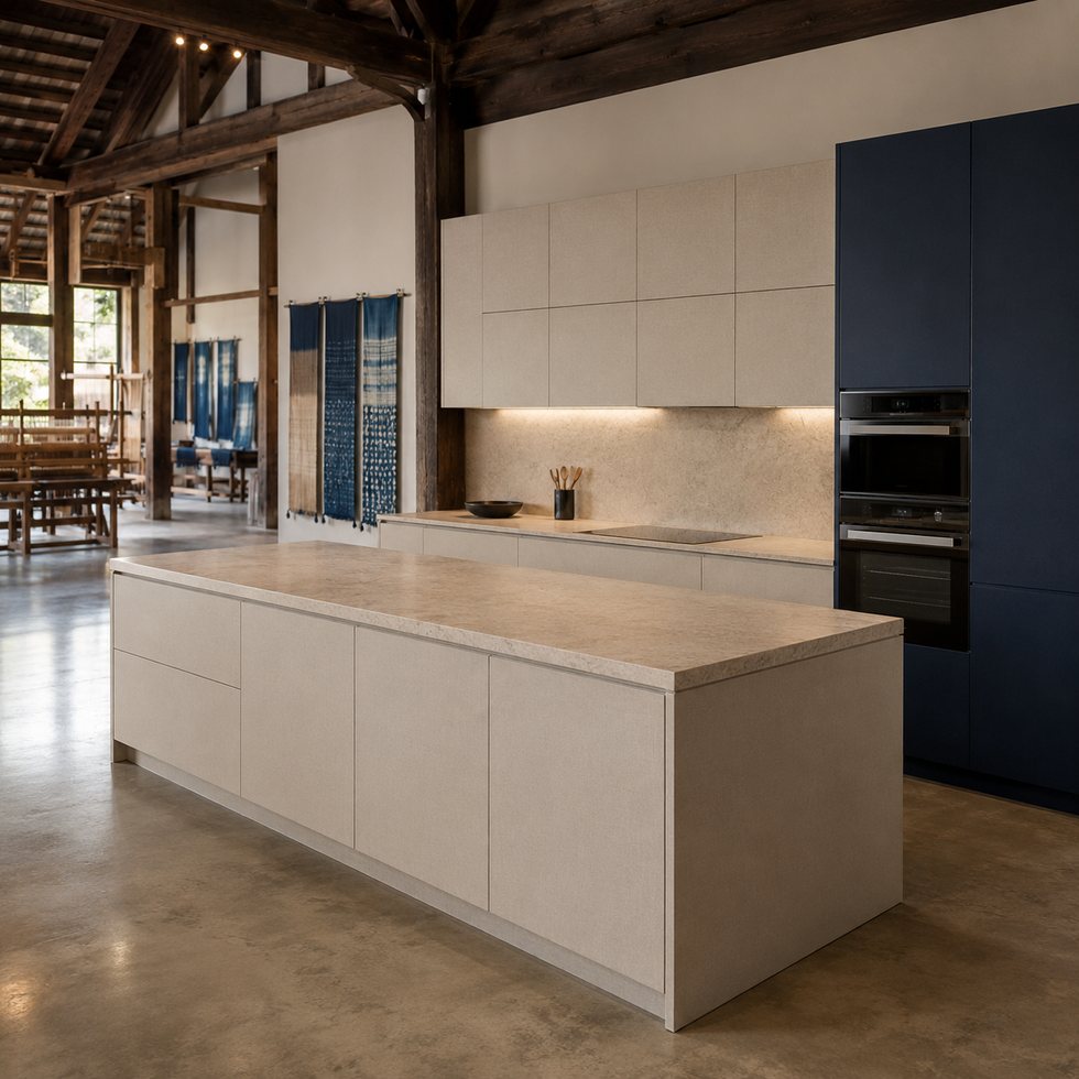 Custom Kitchen Cabinets with Farmhouse Beams and Deep Blue Accent