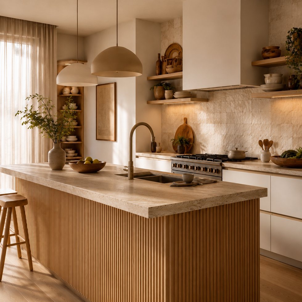 Custom Kitchen Cabinets with Fluted Wood-Toned Island and Open Corner Shelves