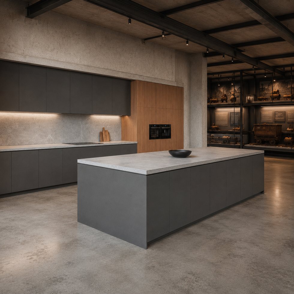 Custom Kitchen Cabinets with Graphite Island and Exposed Beam Ceiling