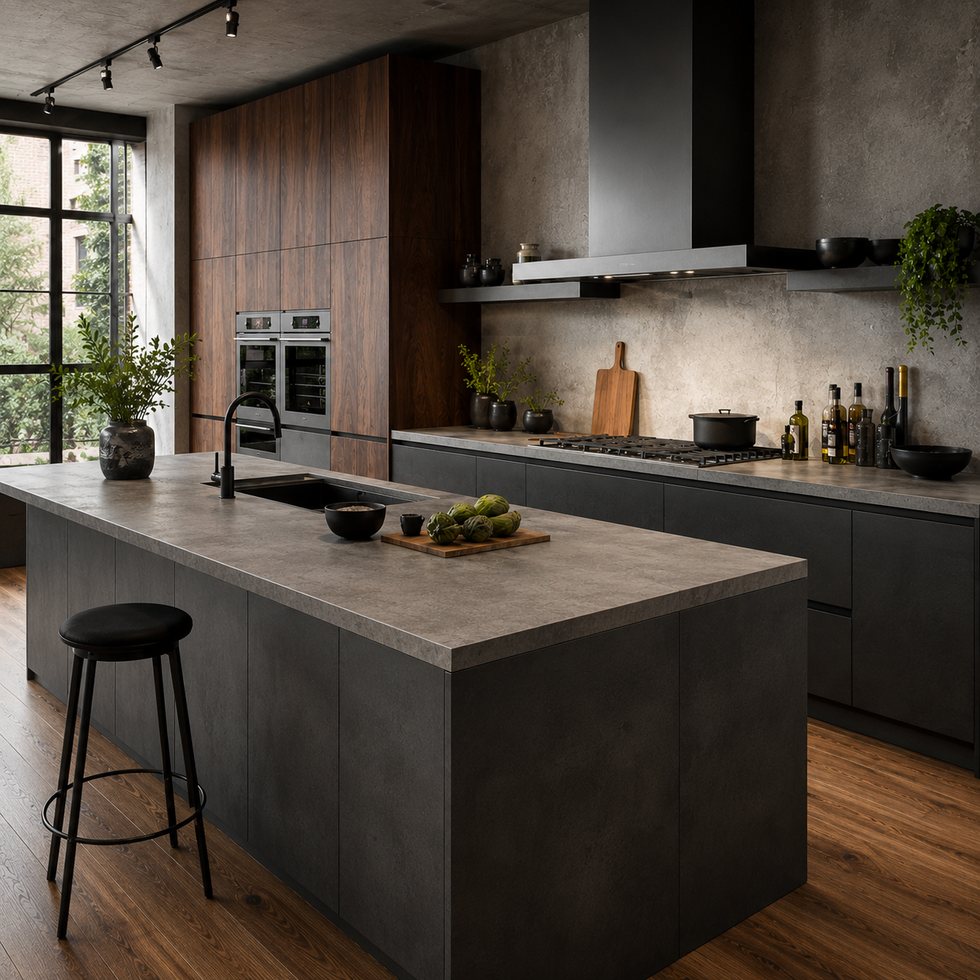 Custom Kitchen Cabinets with Graphite Island and Wood-Toned Oven Tower