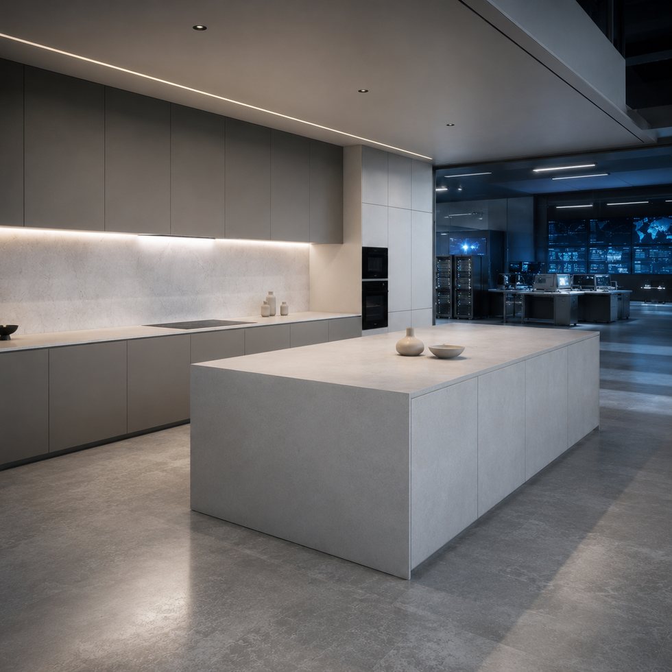 Custom Kitchen Cabinets with Graphite Linear Storage and Waterfall Island