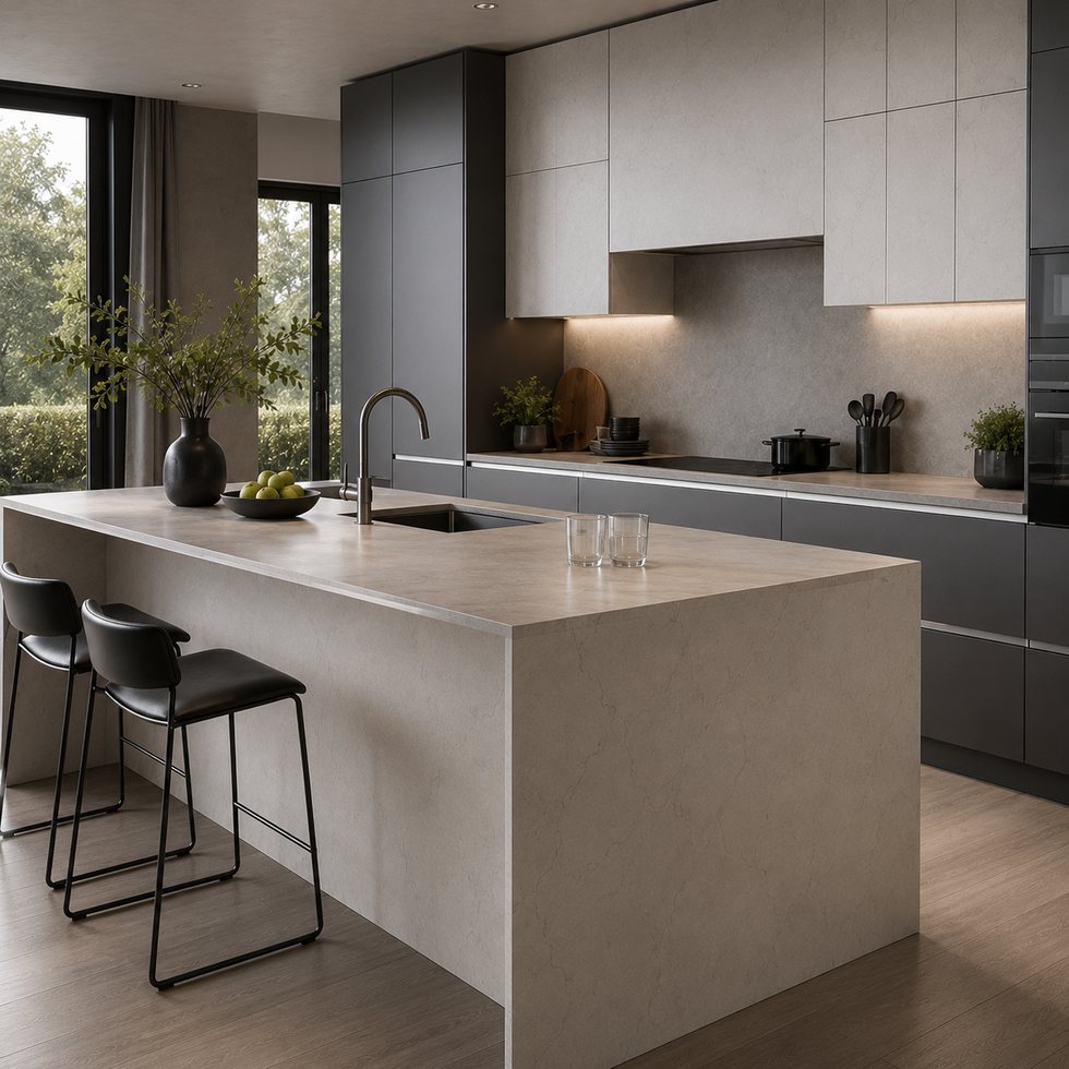 Custom Kitchen Cabinets with Graphite Tall Wall and Peninsula Seating