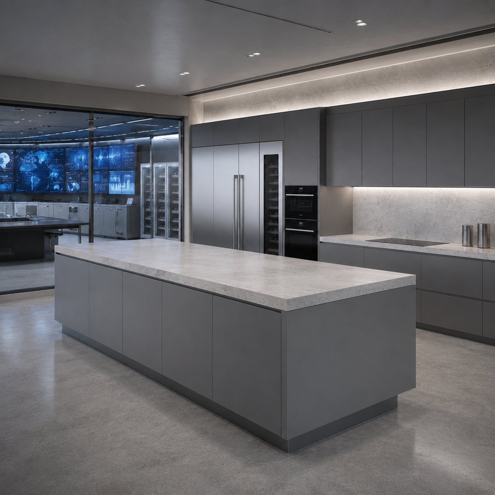 Custom Kitchen Cabinets with Gray Island Workspace and Full-Height Storage Wall