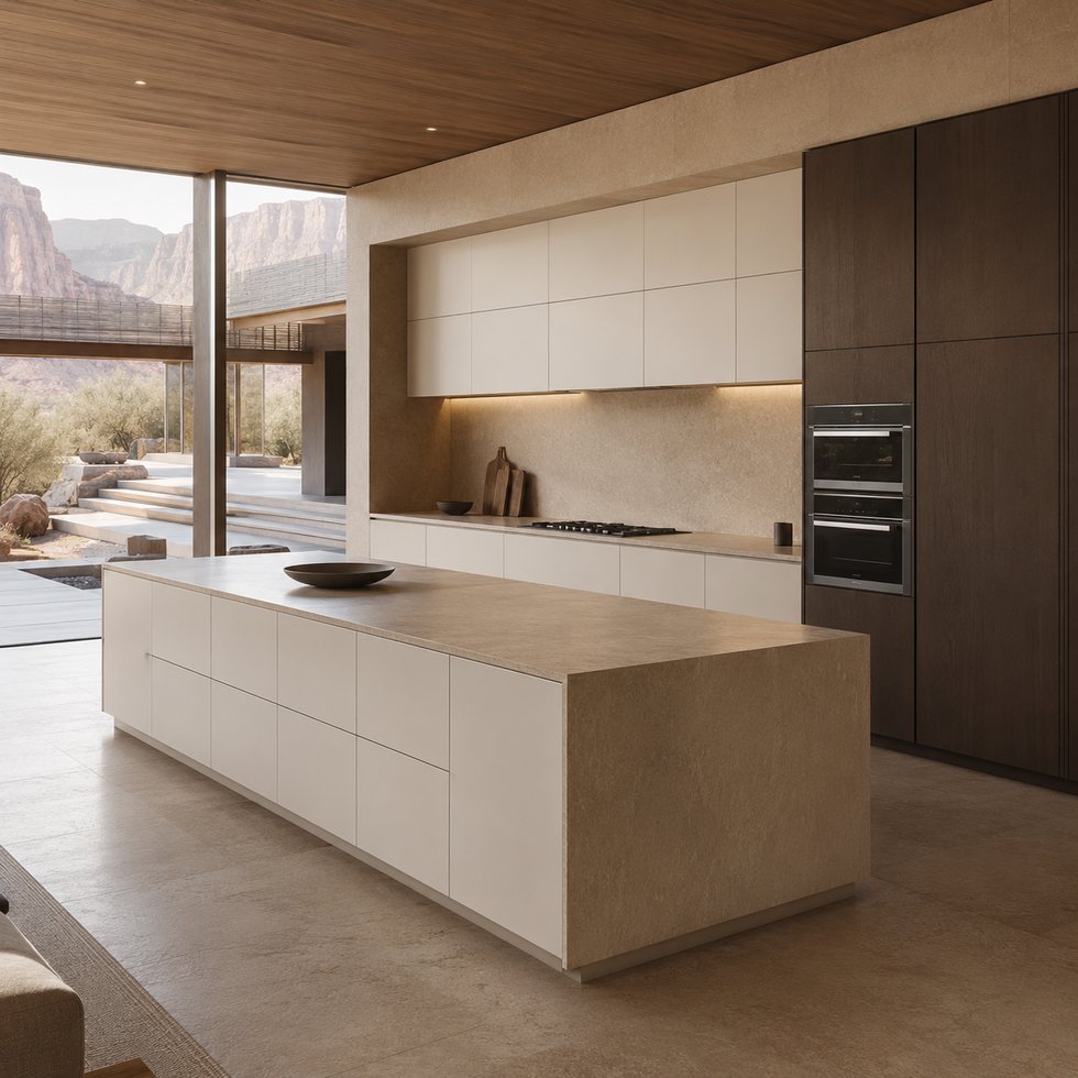Custom Kitchen Cabinets with Indoor-Outdoor Island and Layered Tall Storage