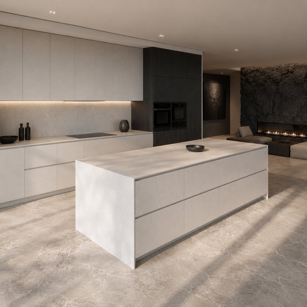 Custom Kitchen Cabinets with Light Waterfall Island and Dark Appliance Zone