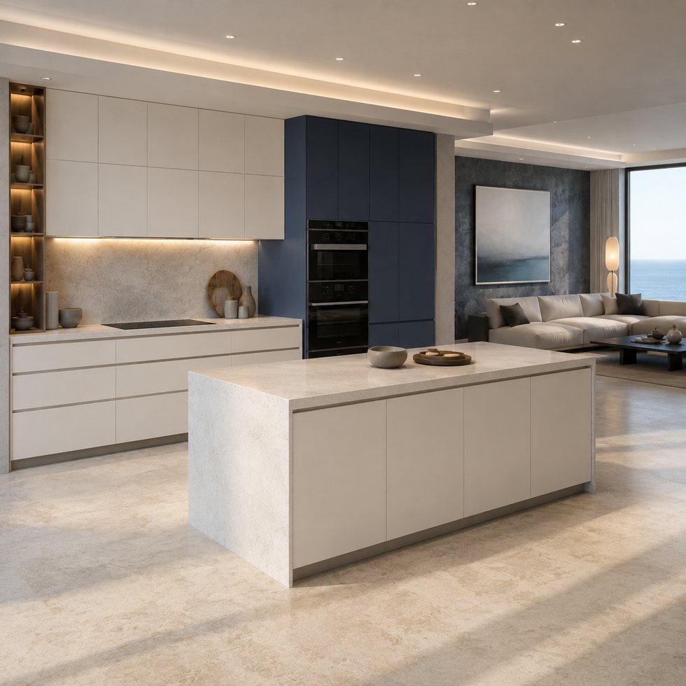 Custom Kitchen Cabinets with Linear White Island and Navy Feature Tower
