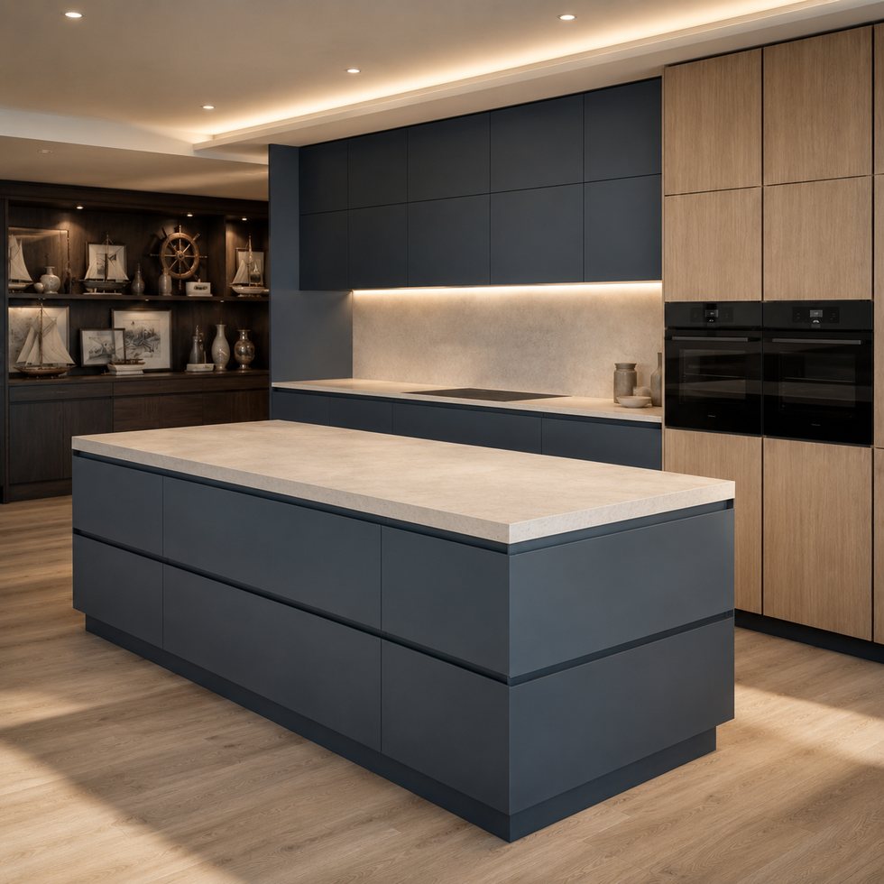 Custom Kitchen Cabinets with Midnight Blue Island and Glass Display Alcove
