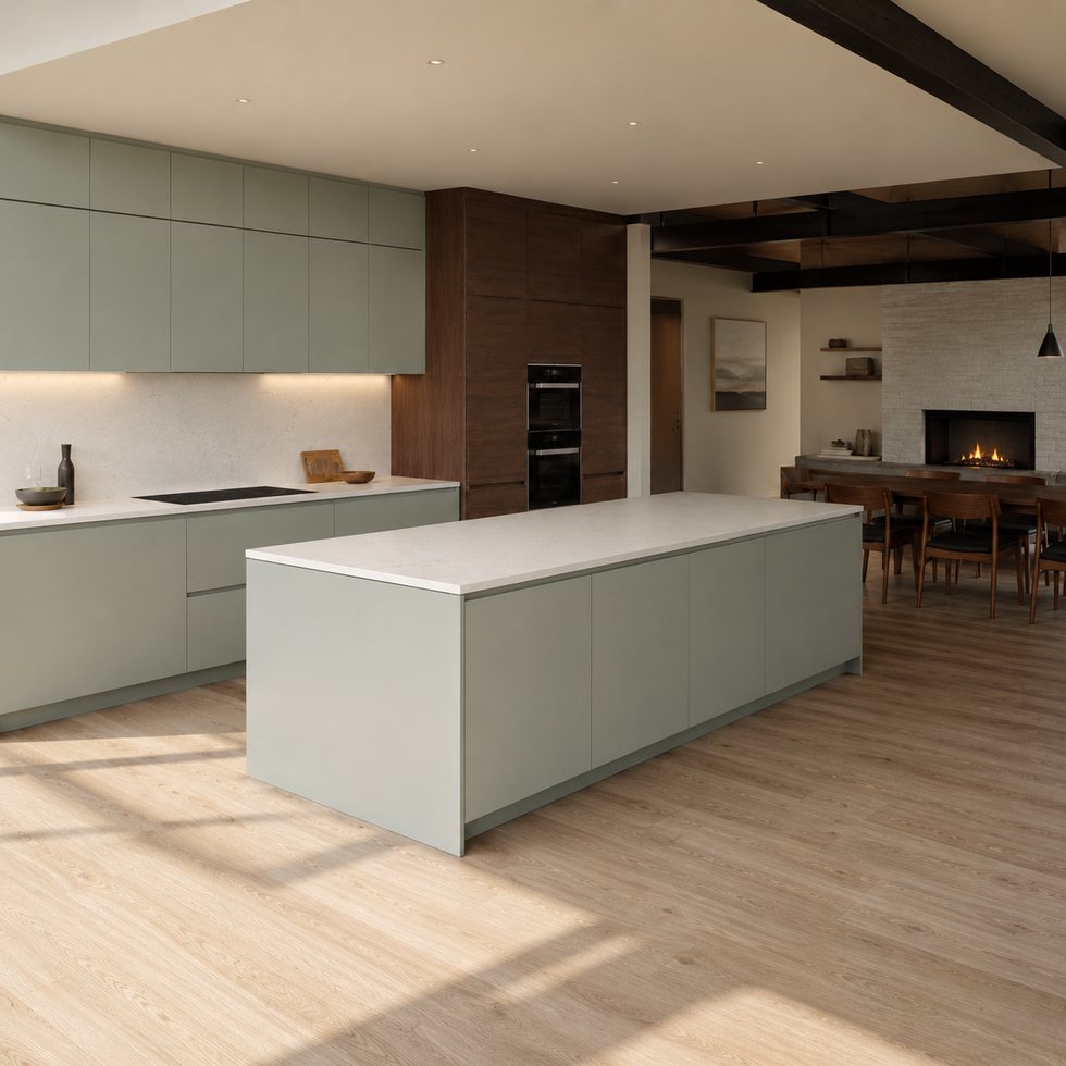 Custom Kitchen Cabinets with Mist Green Island and Open Dining Connection