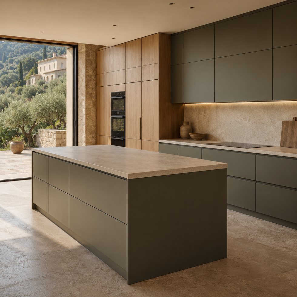 Custom Kitchen Cabinets with Olive-Green Island and Oak-Framed Appliance Wall