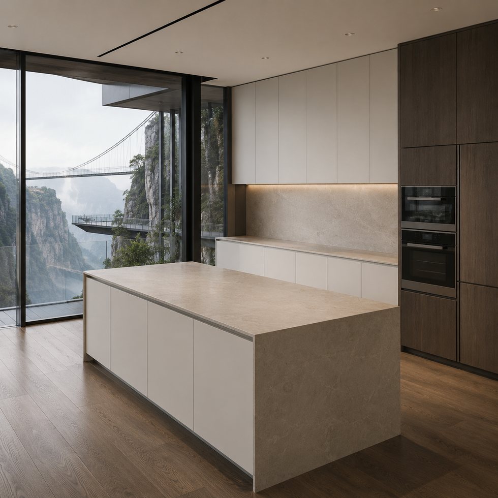 Custom Kitchen Cabinets with Panorama Island and Two-Tone Tall Storage