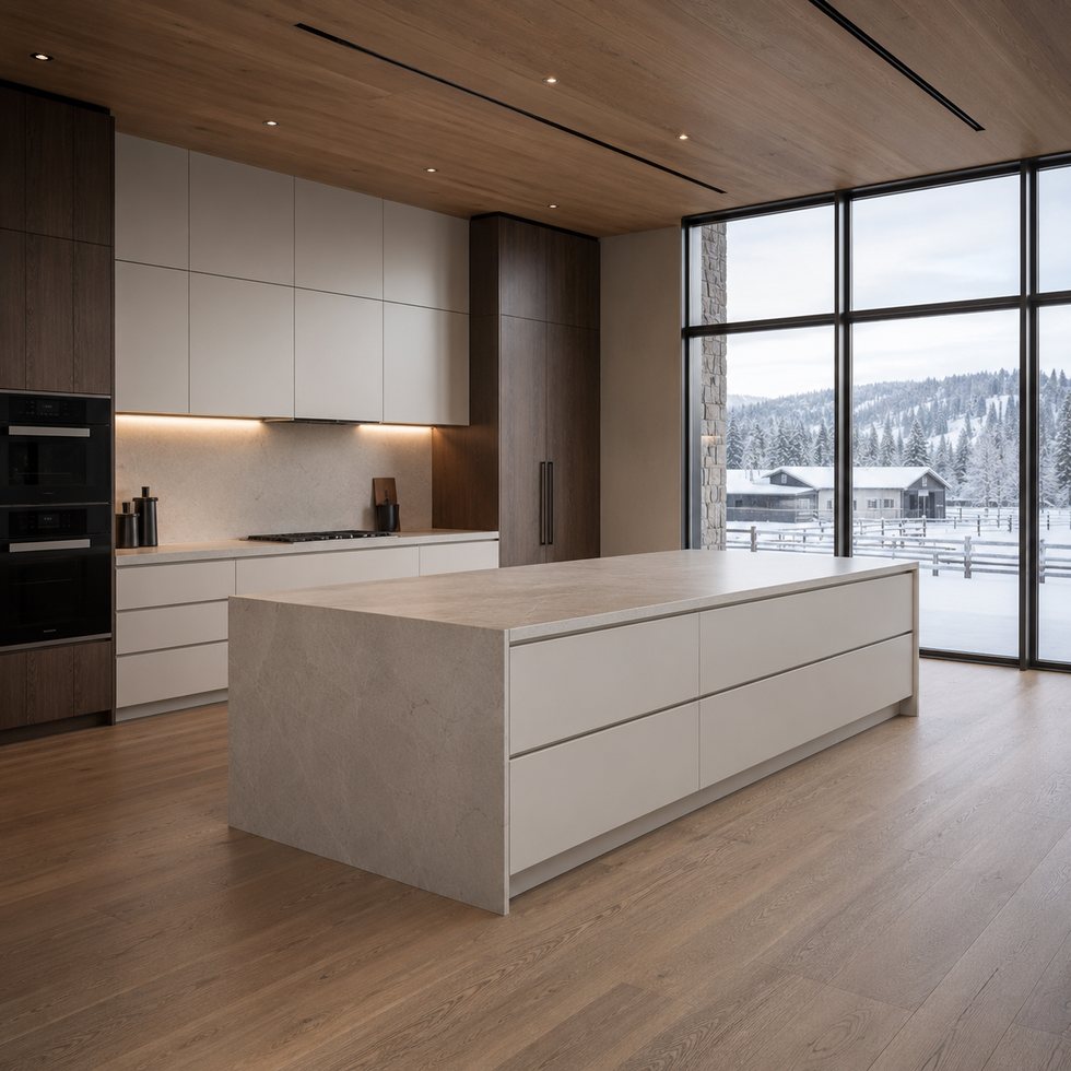 Custom Kitchen Cabinets with Panoramic Island and Dark Framed Storage