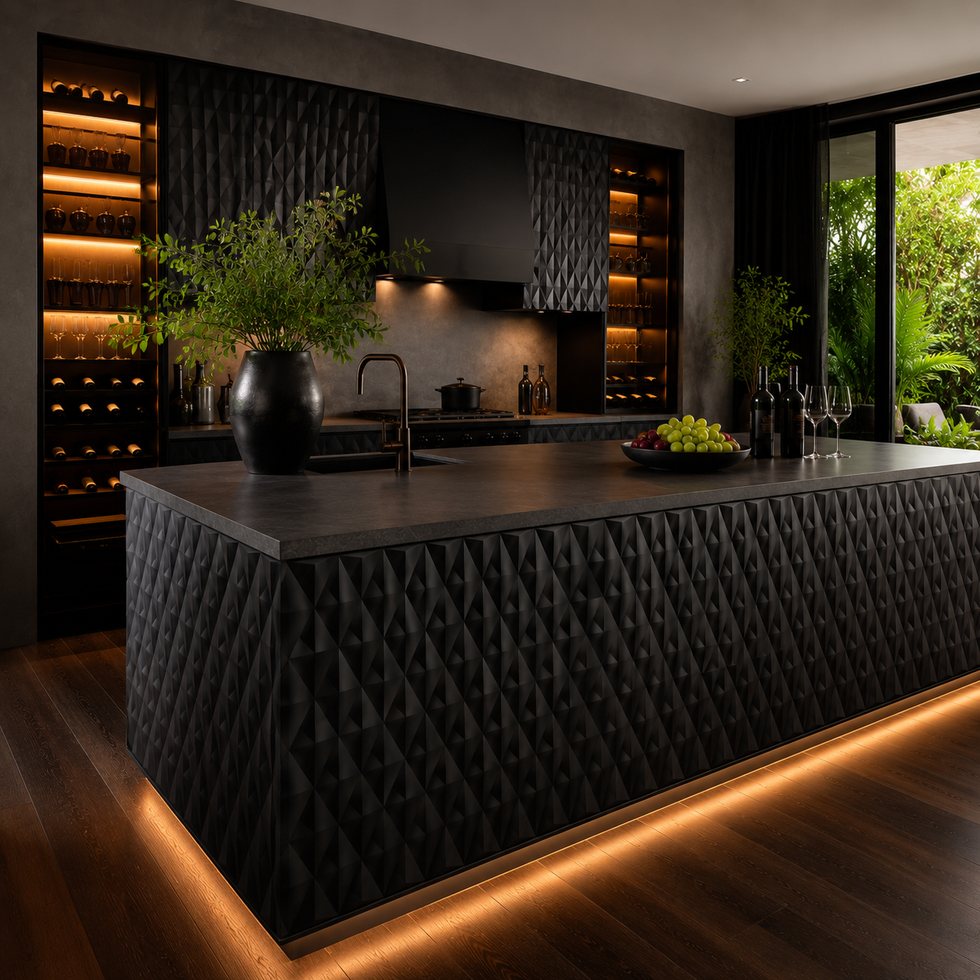 Custom Kitchen Cabinets with Quilted Black Island Front and Lit Display Wall