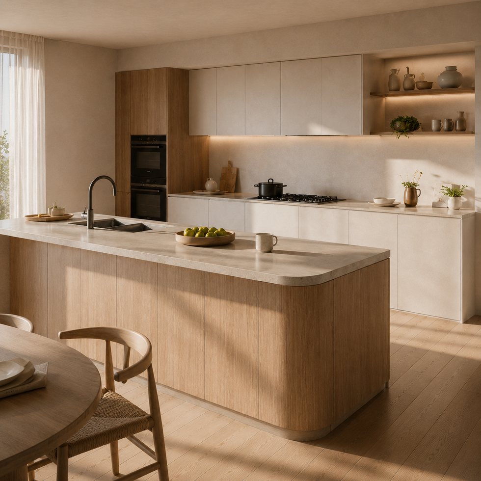 Custom Kitchen Cabinets with Rounded Wood-Toned Island and Soft White Wall