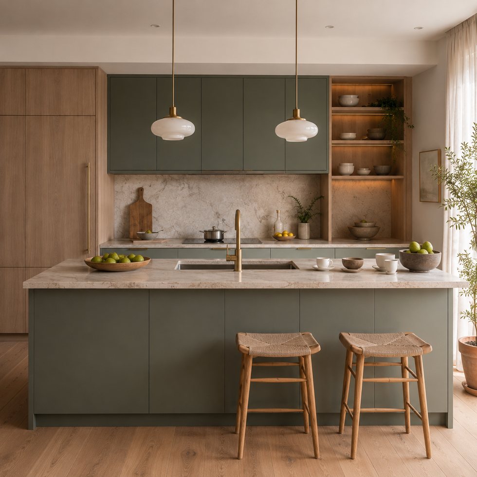 Custom Kitchen Cabinets with Sage Breakfast Bar and Split-Level Storage Wall