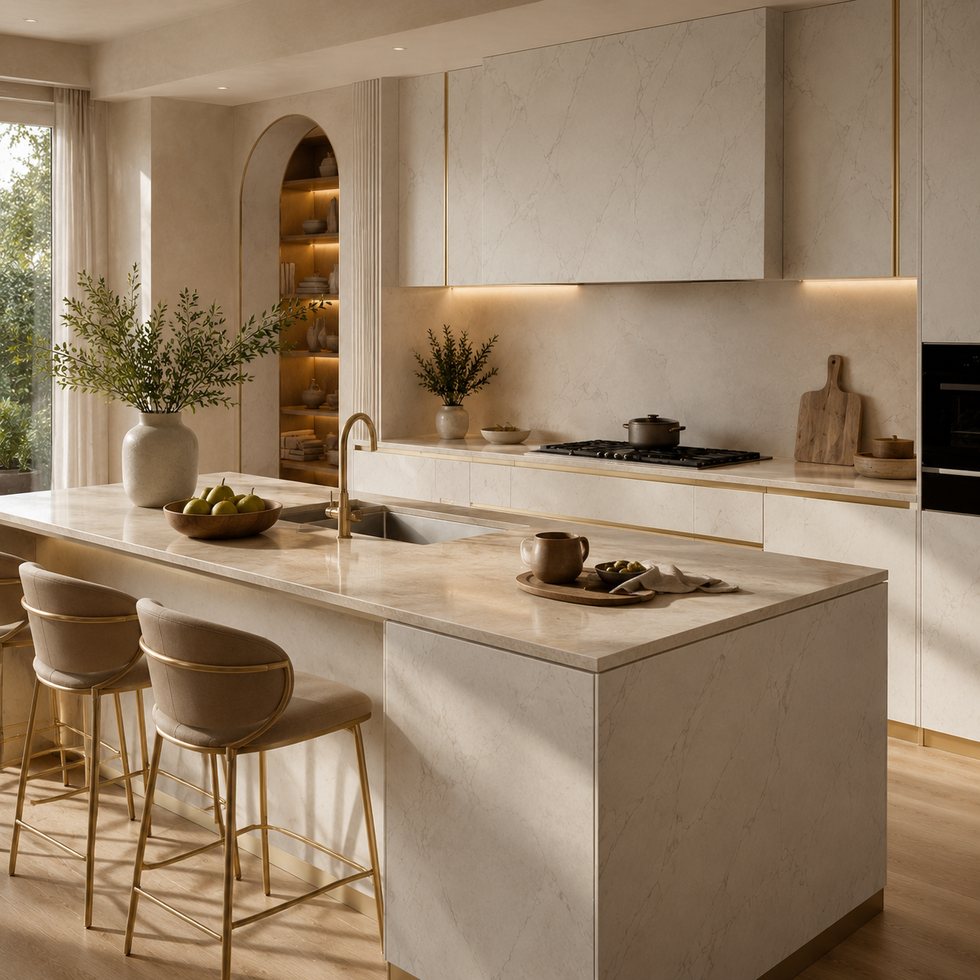 Custom Kitchen Cabinets with Sculpted Arch Niche and Cream Breakfast Island