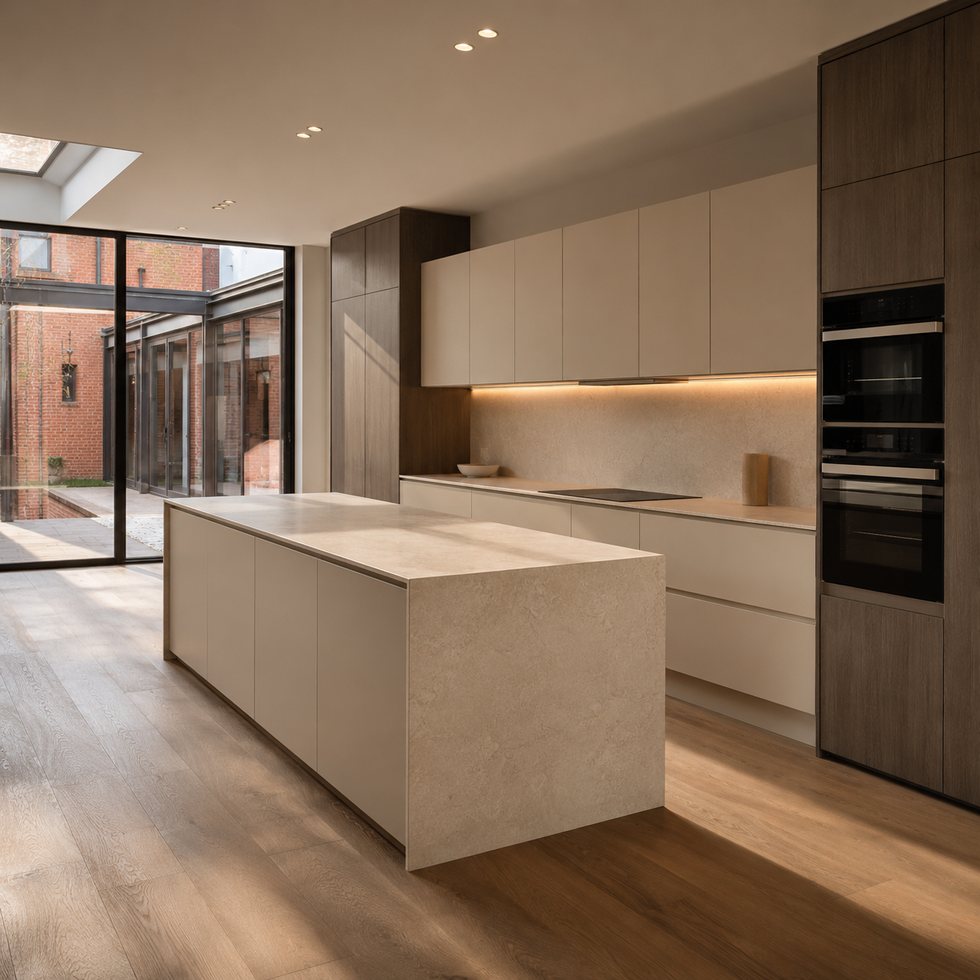 Custom Kitchen Cabinets with Skylight Island and Sand-Tone Storage Wall