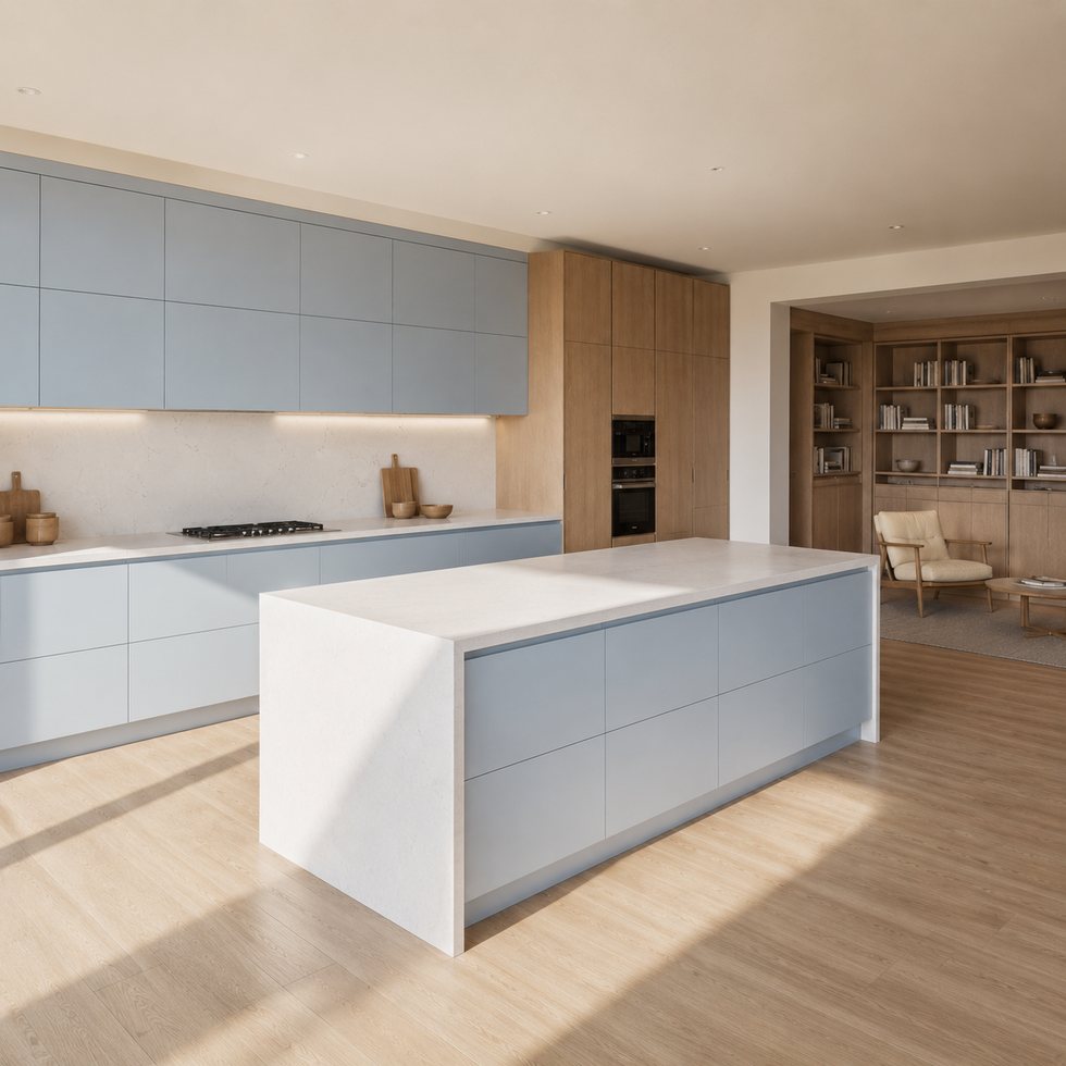 Custom Kitchen Cabinets with Soft Blue Island and Warm Storage Wall
