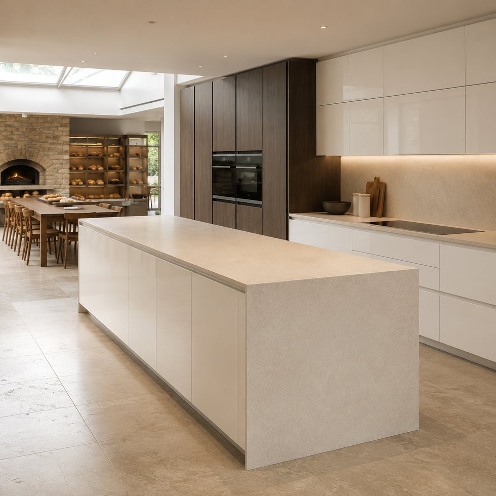 Custom Kitchen Cabinets with Soft White Island and Integrated Appliance Wall