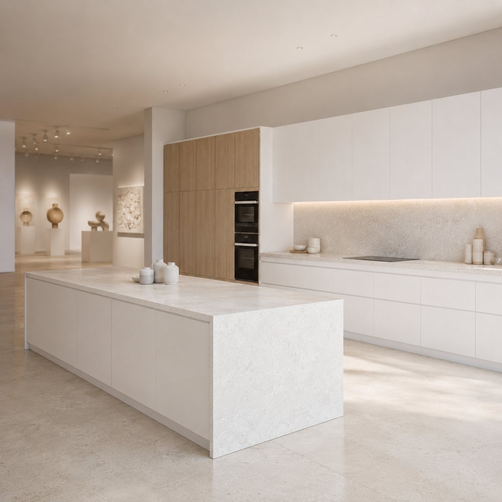 Custom Kitchen Cabinets with Soft White Wall Storage and Stone-Look Island