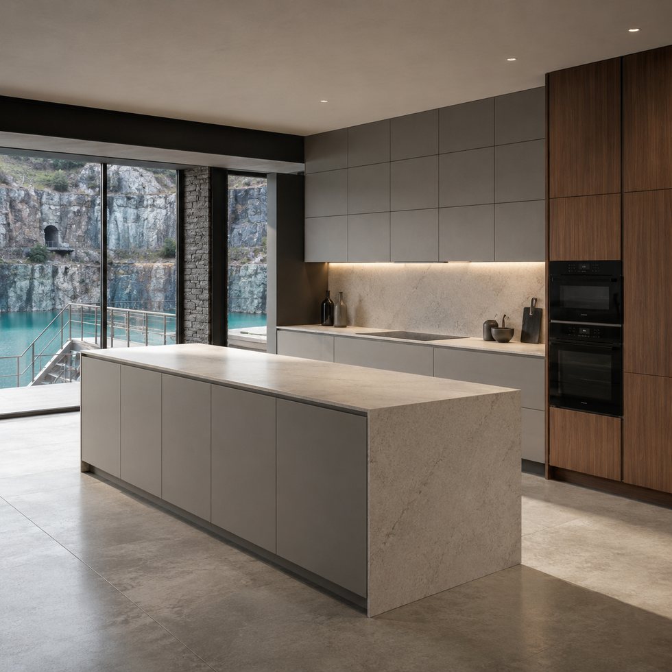 Custom Kitchen Cabinets with Stone-Look Waterfall Island and Dark Tall Storage