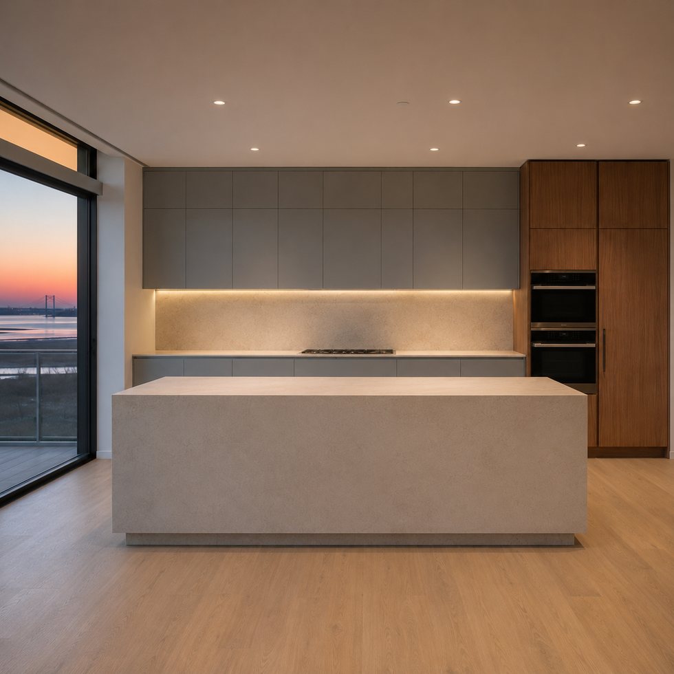 Custom Kitchen Cabinets with Sunset-View Island and Walnut-Toned Service Column