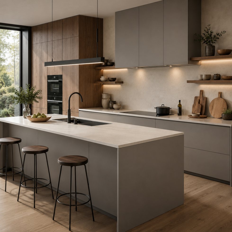 Custom Kitchen Cabinets with Taupe Breakfast Island and Floating Shelf Wall