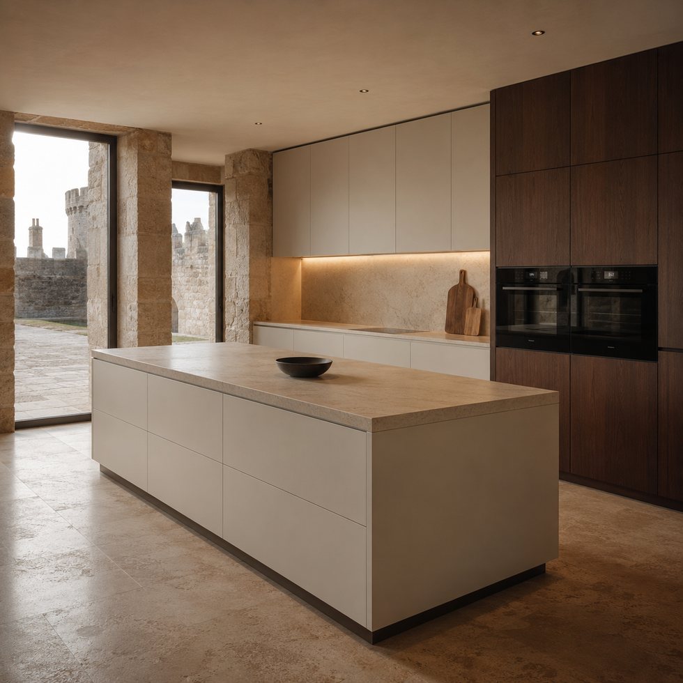 Custom Kitchen Cabinets with Taupe Island and Dark Timber Appliance Bank