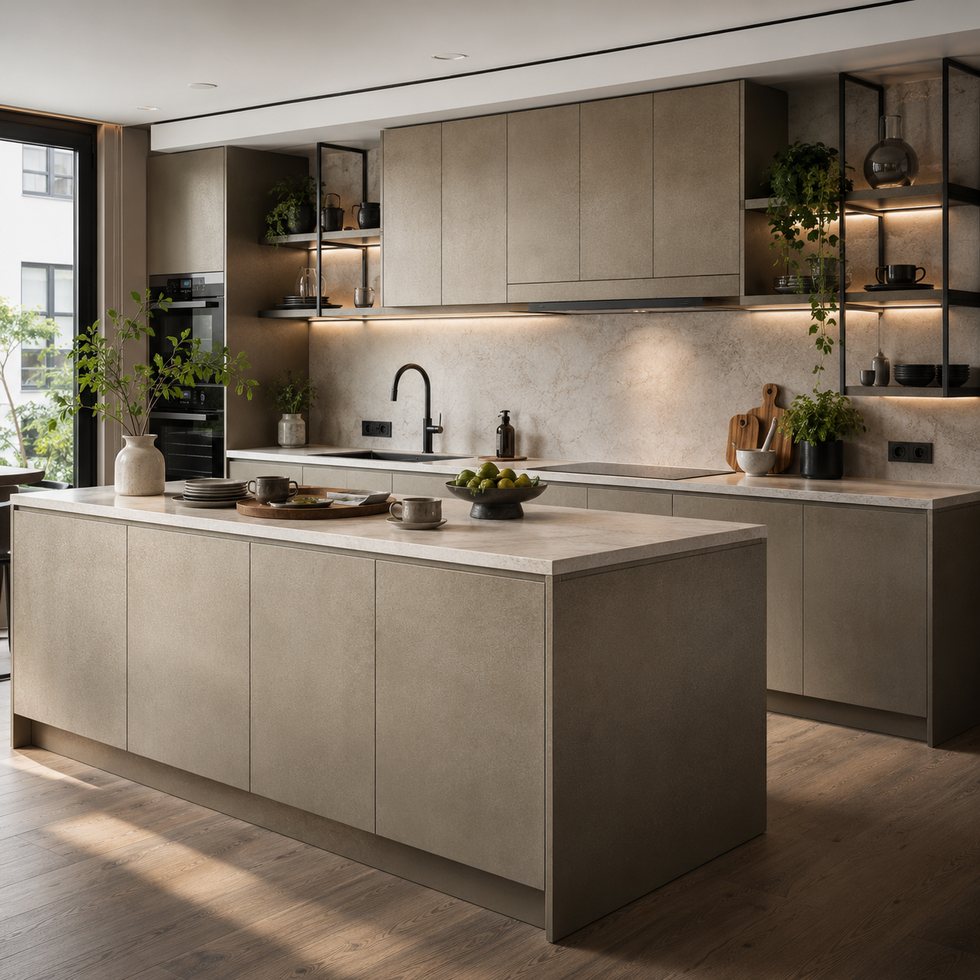 Custom Kitchen Cabinets with Taupe Island and End-Point Display Niche