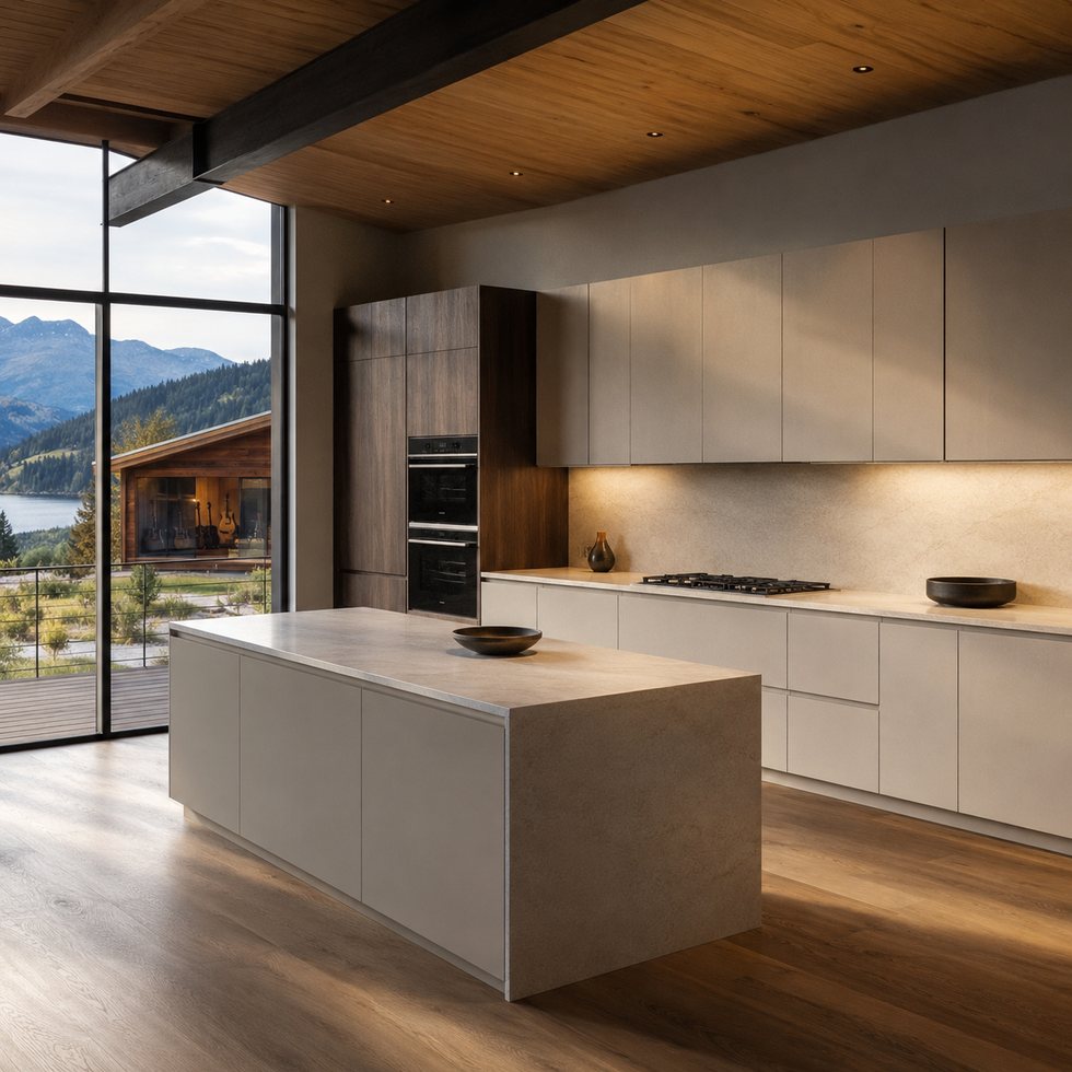 Custom Kitchen Cabinets with Timber Ceiling, White Island and Mountain-View Wall