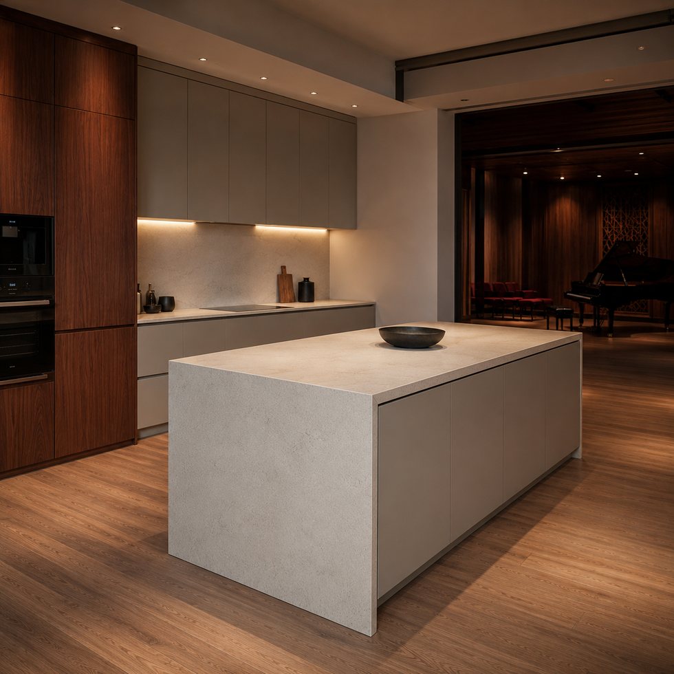 Custom Kitchen Cabinets with Warm Tall Units and Sculptural Light Island