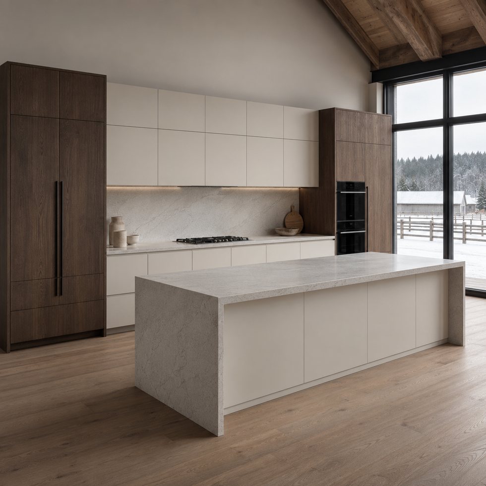 Custom Kitchen Cabinets with Warm Wood Tall Units and White Island