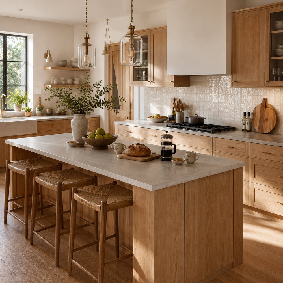 Custom Kitchen Cabinets with Warm Wood-Toned Island and Pantry Wall