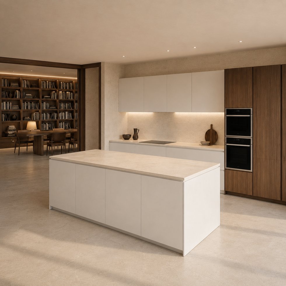 Custom Kitchen Cabinets with White Framed Island and Library Backdrop