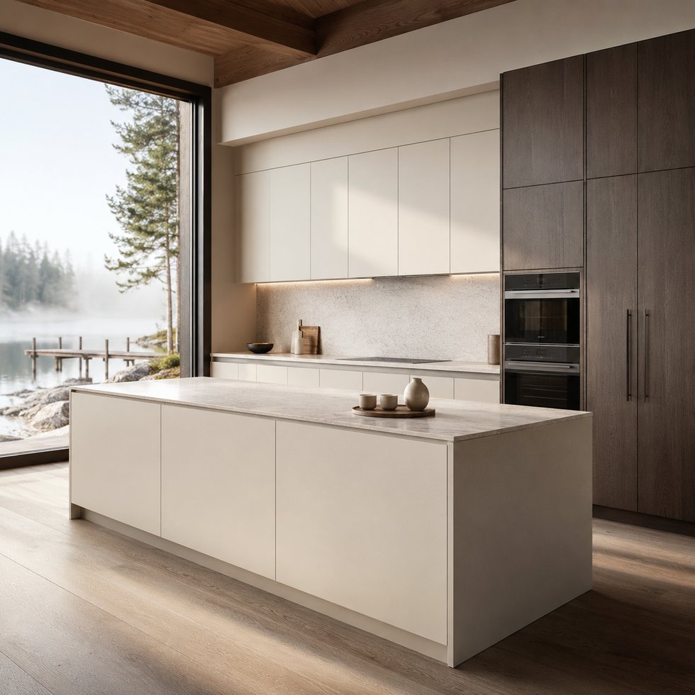 Custom Kitchen Cabinets with White Island, Window Wall and Dark Oak Appliance Tower