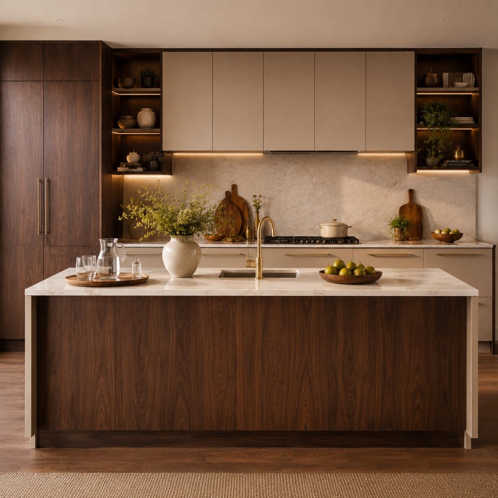 Custom Kitchen Cabinets with Wood-Toned Island and Framed Open Display Bays
