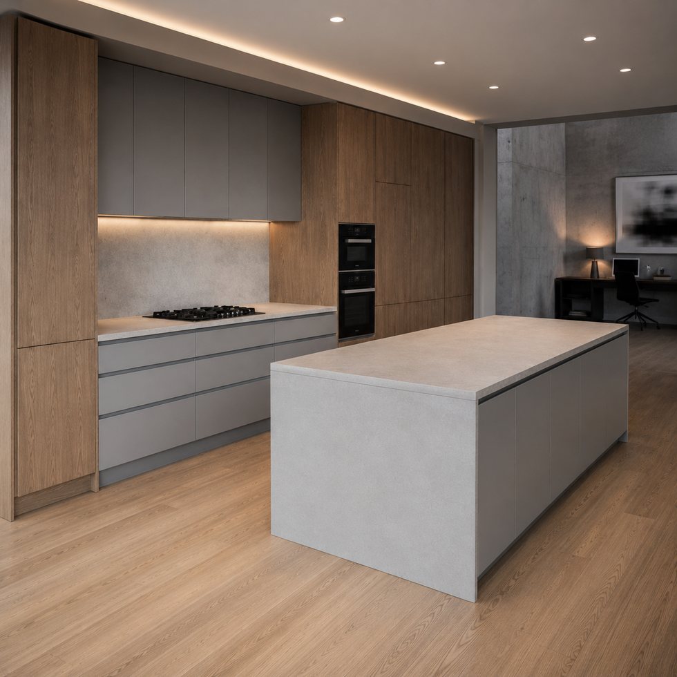 Custom Kitchen Cabinets with Wood Wall Panels and Modern Gray Island