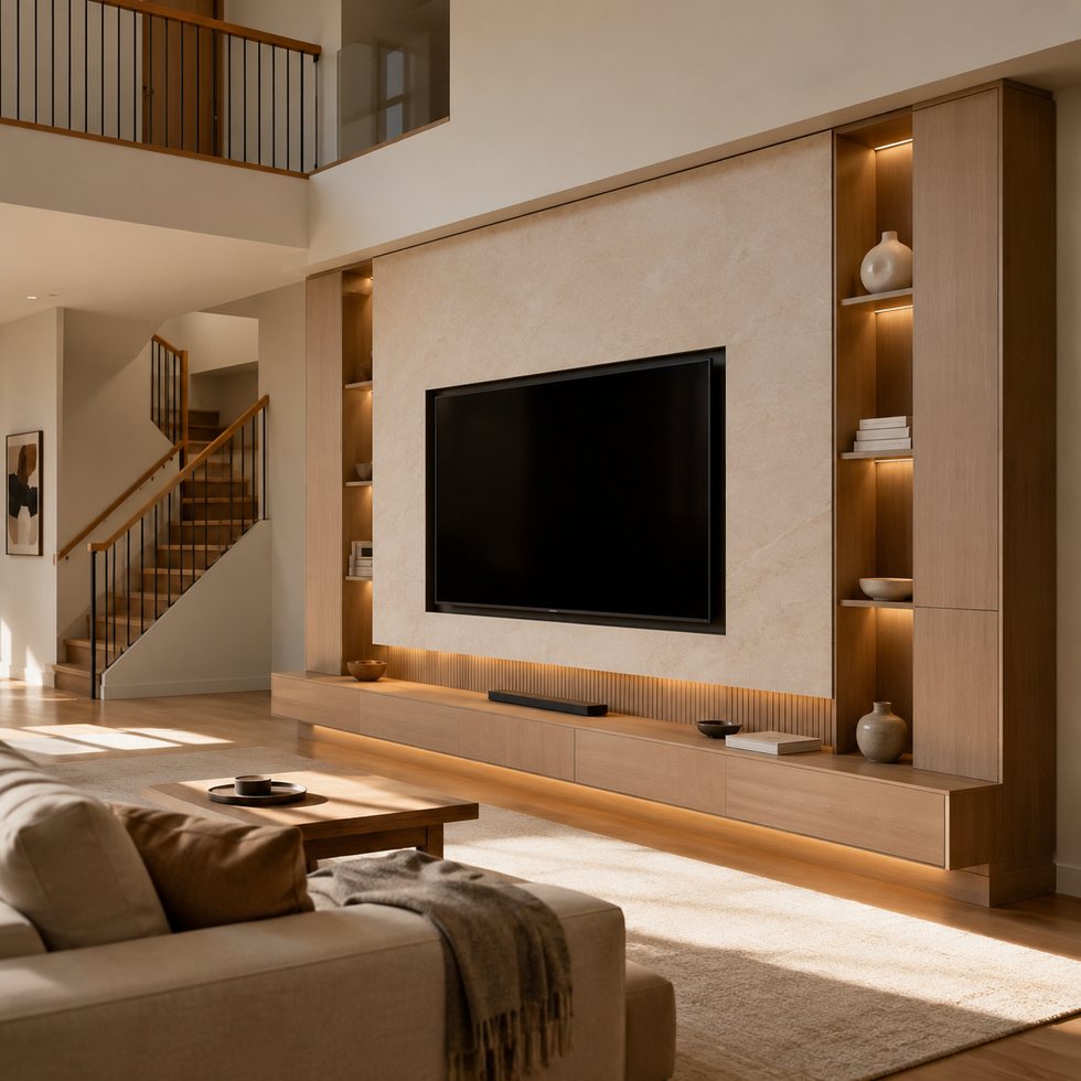 Custom TV Wall Panel System for a Double-Height Living Room with Integrated Shelves