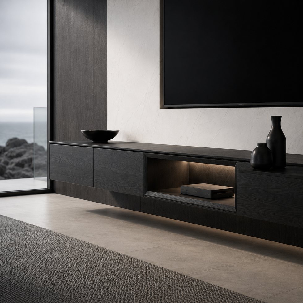 Custom TV Wall Panel System with Charcoal Low Console and Split-Tone Panels