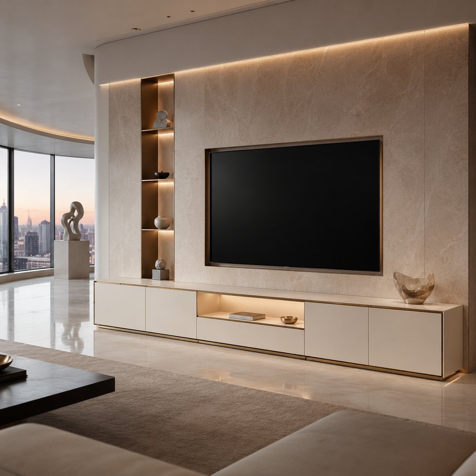 Custom TV Wall Panel System with Light Feature Wall and Framed Display Niches
