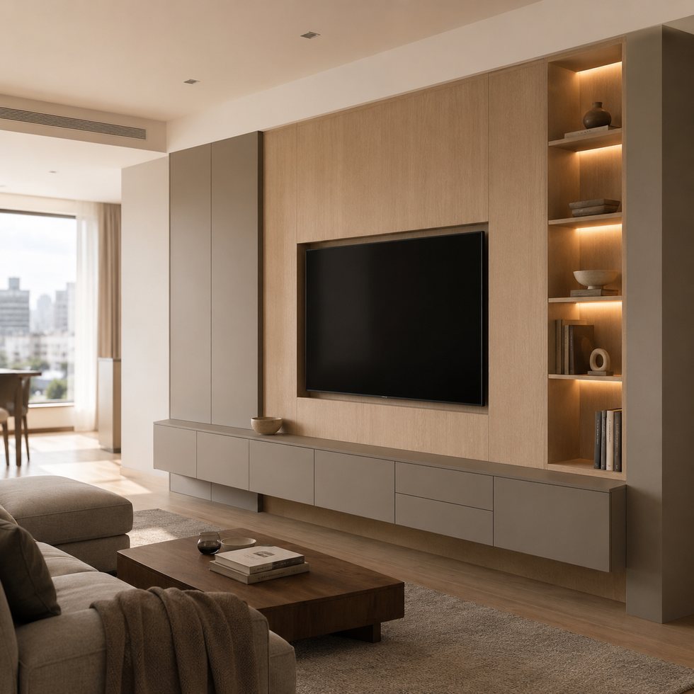 Custom TV Wall Panel System with Pale Frame Wall and Floating Media Console