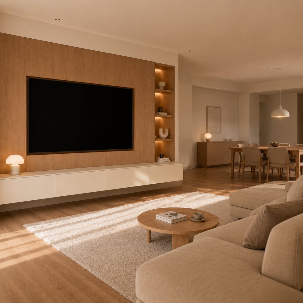 Custom TV Wall Panel System with Timber Backdrop and Side Display Niches
