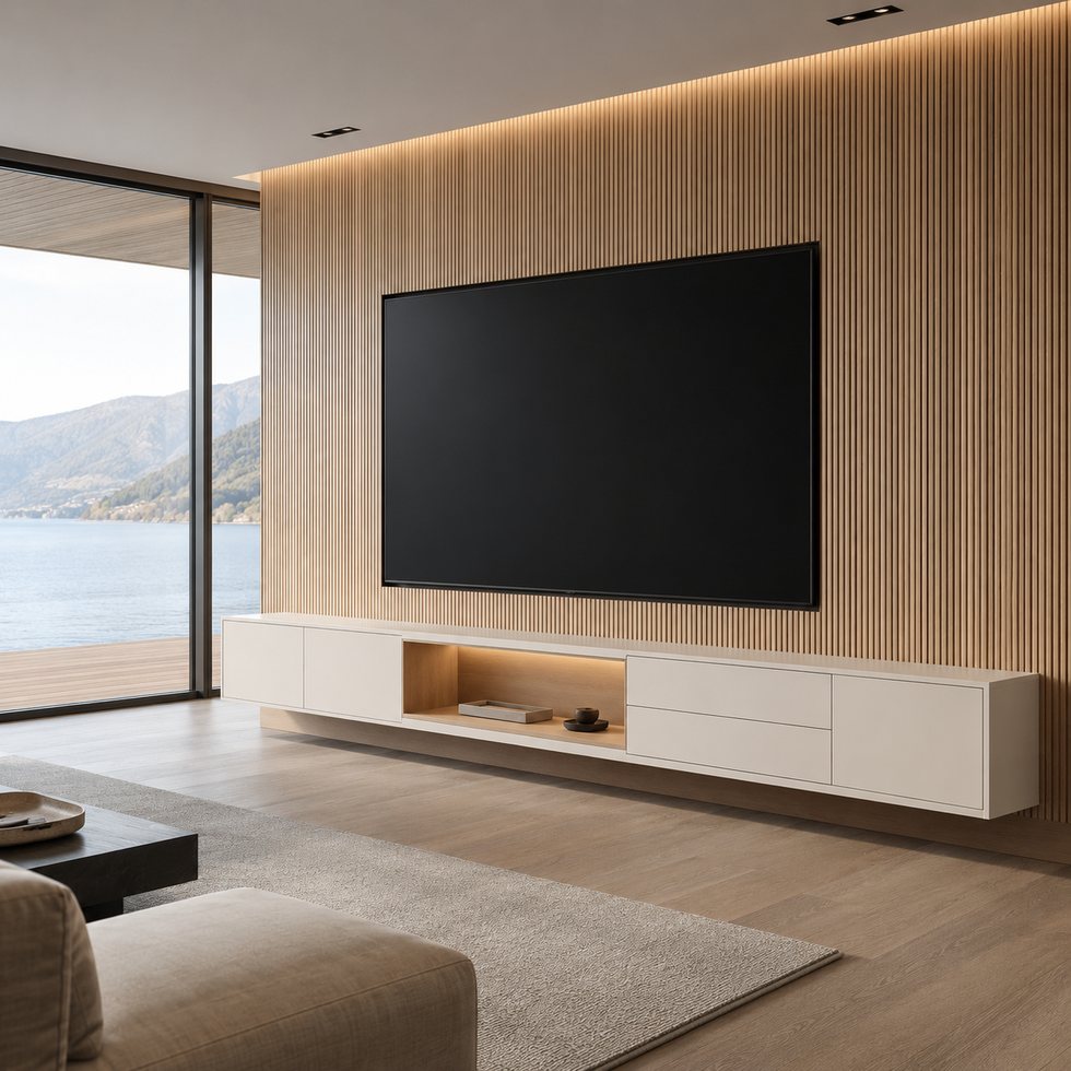Custom TV Wall Panel System with Vertical Feature Panels and Floating Media Storage