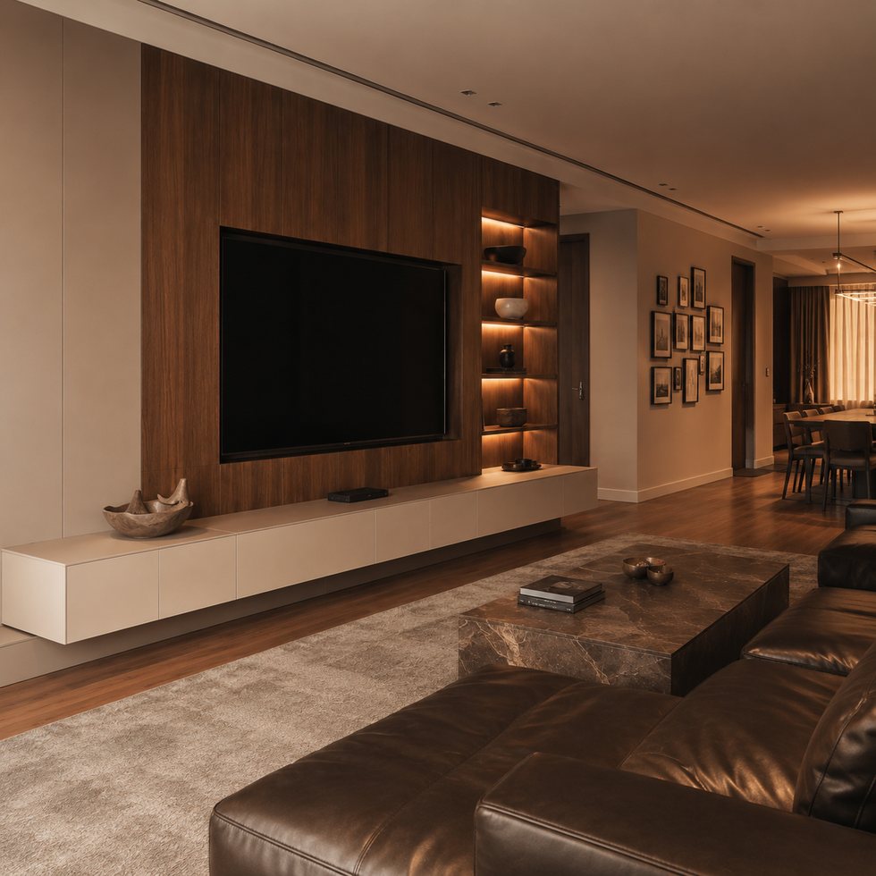Custom TV Wall Panel System with Walnut Screen Wall and Amber Shelving