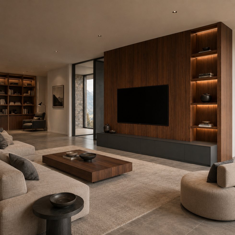 Custom TV Wall Panel System with Warm Wood-Tone Backdrop and Side Display Shelving