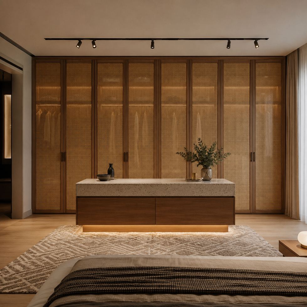 Custom Walk-In Closet Wardrobe with Amber Framed Display Bays and Long Island