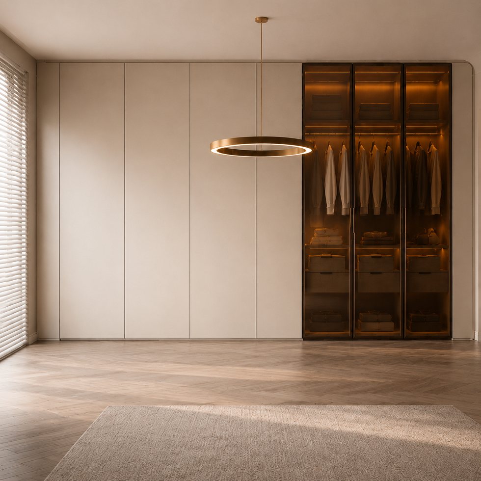 Custom Walk-In Closet Wardrobe with Cream Panels and Amber-Lit Display Niche