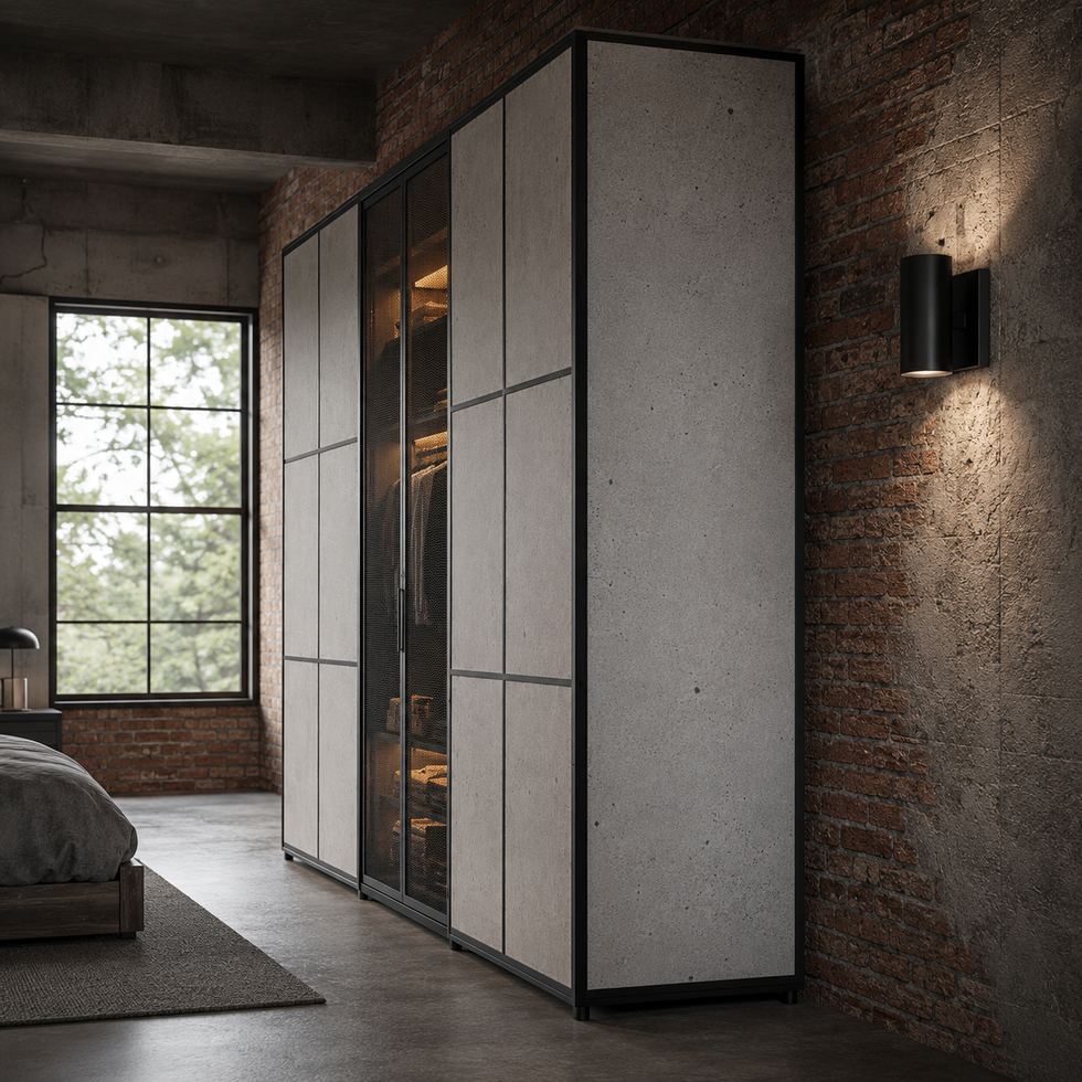 Custom Walk-In Closet Wardrobe with Dark Framed Translucent Panel Grid