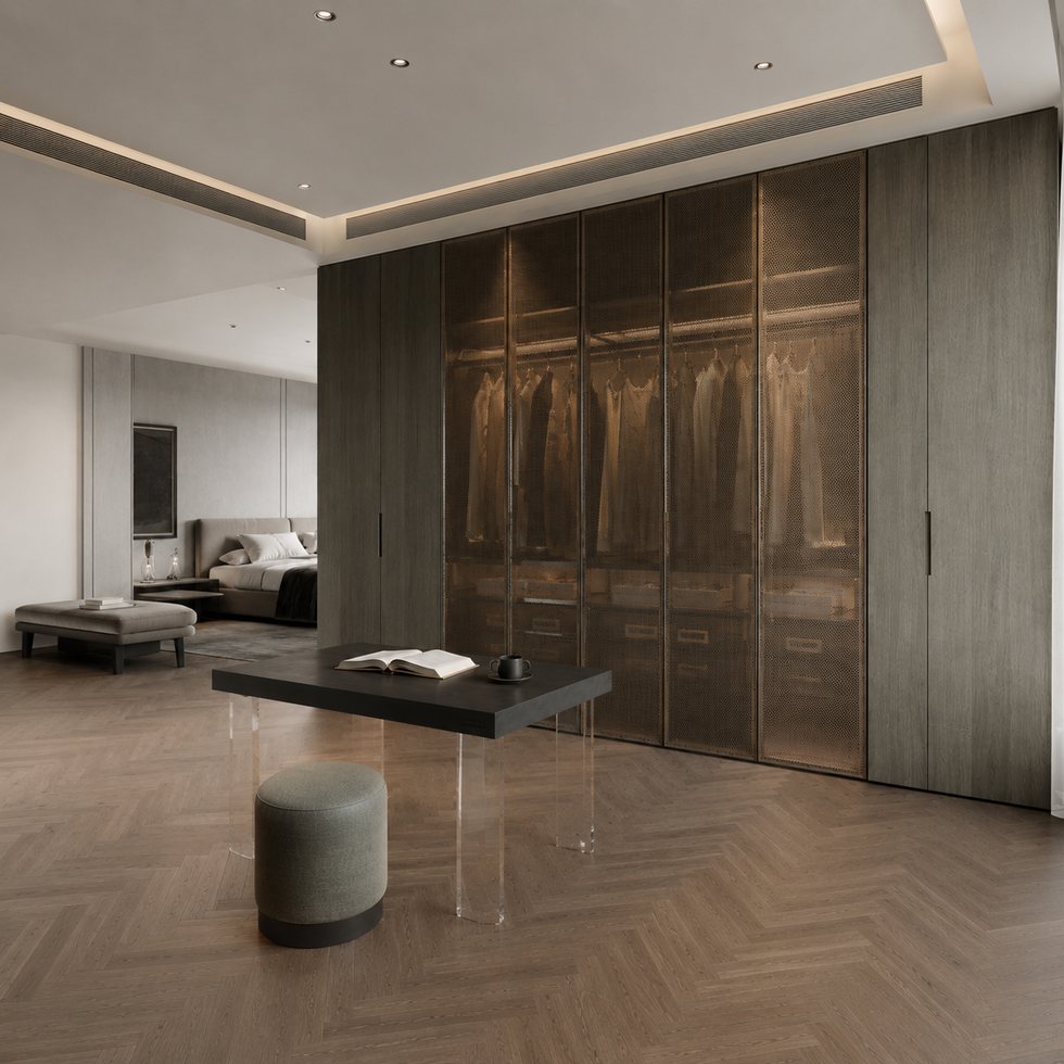 Custom Walk-In Closet Wardrobe with Dark Ribbed-Look Doors and Black Island